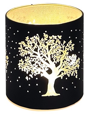 Világító üveghenger fa motívummal - fekete, o 9 x 10 cm, meleg fehér, 10 LED, időzítő