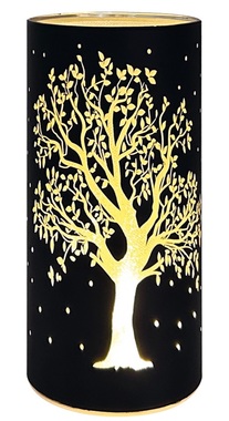 Világító üveghenger fa motívummal - fekete, o 9 x 20 cm, meleg fehér, 10 LED, időzítő