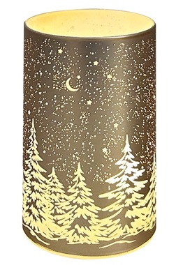 Világító üveghenger tájkép motívummal - arany, o 7,5 x 12,8 cm, meleg fehér, 10 LED, időzítő