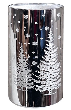 Világító üveghenger fával - ezüst, o 9 x 15 cm, meleg fehér, 10 LED, időzítő
