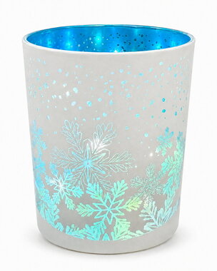 Világító üveghenger hópehely motívummal - fehér és kék, o 9 x 12 cm, meleg fehér, 10 LED, időzítő