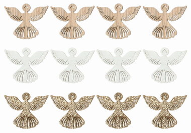 Színes fa angyal 4 × 3 × 0,3 cm, 12 db tasakban