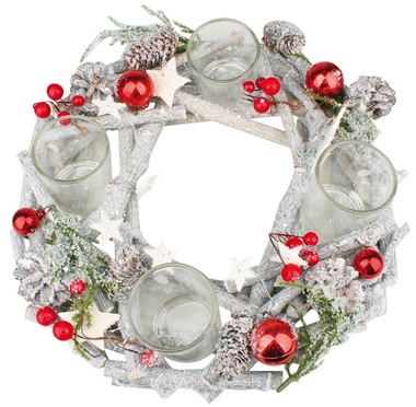 Adventi koszorú, szürke fából, piros izzókkal díszített gallyakból, 30 cm