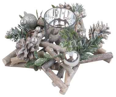 Wooden candle holder star w/silver decorations 20 cm
