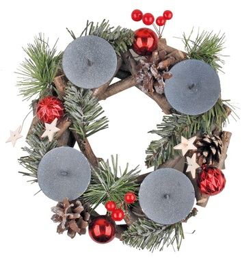 Wooden wreath for 4 candles w/red decorations 24 x 8 x 24 cm