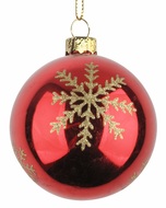 Glass Balls 8 cm, set of 4 pcs, Red with Snowflake