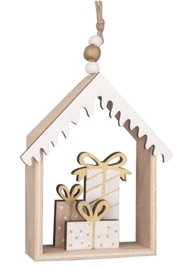 Fából készült díszház ajándékokkal, felakasztható 9,5 x 11 x 2,5 cm