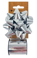 28011 Sada na balen&iacute; d&aacute;rků stř&iacute;brn&aacute;, rozeta 10 x 5 x 10 cm, stuha 1 cm x 10 m-1