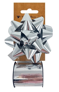 Gift Wrapping Set Silver, Rosette O 10 x 5 cm, Ribbon 1 cm x 10 m