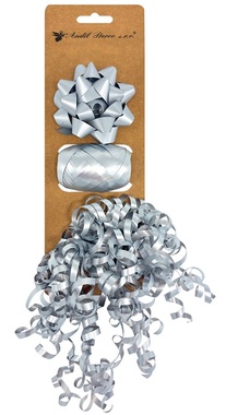 Silver Gift Wrapping Set, Rosette O 7 x 3.5 cm, Ribbon 0.5 cm x 10 m, Curl with Sticker