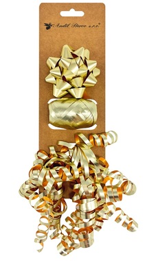 Gold Gift Wrapping Set, Rosette O 7 x 3.5 cm, Ribbon 0.5 cm x 10 m, Curl with Sticker