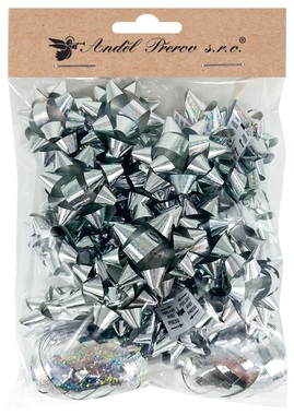 Gift Wrapping Set, Silver, Rosette O 5 x 2 cm 20 pcs, Ribbon 0.5 cm x 10 m 2 pcs