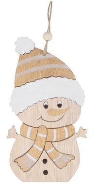 Gold hanging wooden Snowman 8 x 14,5 cm