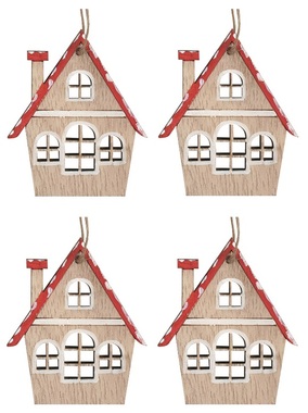 Wooden Hanging Houses Red 5 x 6 cm, 4 pcs 