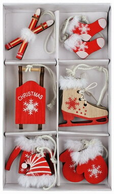 Téli piros fa díszek kb. 5 × 5 × 0,3 cm, akasztós, 6 db dobozban