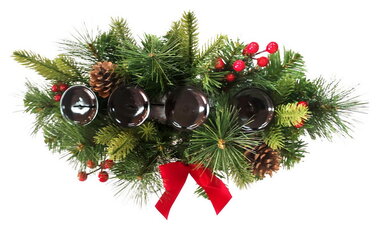 Adventi gyertyatartó gallyakból, piros masnival és tüskékkel 40 x 18 x 14 cm