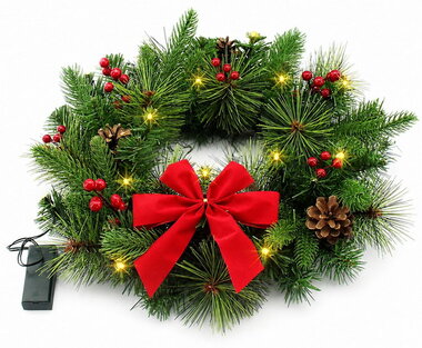 Gallyakból készült koszorú piros masnival és LED-del ? 40 x 10 cm