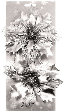 Decorative poinsettia silver on clip 2 pcs, 14 cm