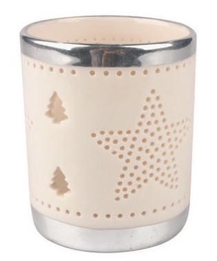 Porcelain Candle Holder with Star, White And Silver 6,5 x 8 cm 