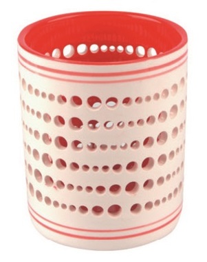 Ceramic Candle Holder, White and Red 7 x 9 cm 