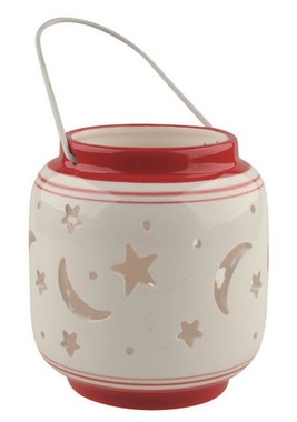 Ceramic Lantern Star Sky, White and Red 9 x 11 cm  
