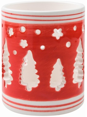 Ceramic Candle Holder with Trees, Red and White7 x 9 cm 