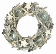Adventi koszorú, fehér és szürke, fából, gallyakból, 30 cm