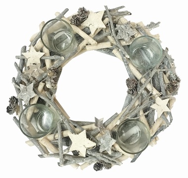 Adventi koszorú, fehér és szürke, fából, gallyakból, 30 cm