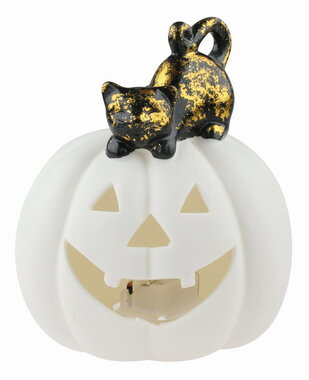 Világító porcelán tök macskával 10 x 11 x 10 cm, meleg fehér, 1 LED, időzítő