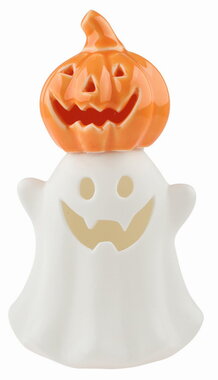 Világító porcelán szellem tökkel 8,5 x 15 x 8 cm, meleg fehér, 1 LED, időzítő