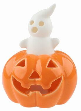 Világító porcelán tök szellemmel 9 x 12 x 9 cm, meleg fehér, 1 LED, időzítő