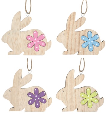 Hanging Wooden Rabbit w/Flower 10 x 9 x 0,5 cm