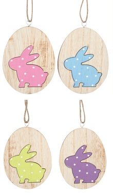 Hanging Wooden Egg w/Rabbit 7,5 x 10 x 0,5 cm 