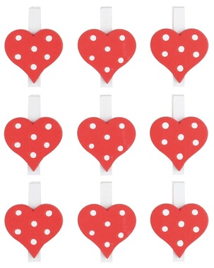Wooden Heart on Peg 3 x 3 x 0,3 cm, 9 Pcs, Red