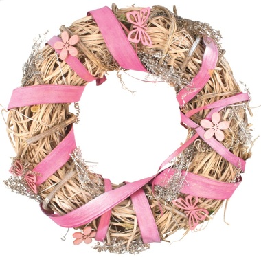 Natural Wreath w/ Pink Ribbon dia 25 x 25 x 5 cm
