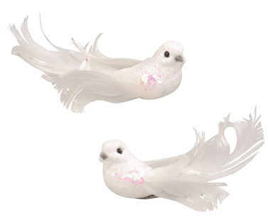 Birds on Clip White with Glitters 8 cm, 2 Pcs