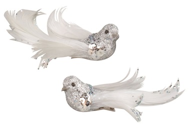 Birds on Clip Silver with Glitters 8 cm, 2 Pcs
