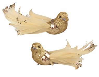 Birds on Clip Golden with Glitters 8 cm, 2 Pcs