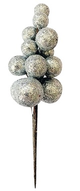 Csillámos ezüst bogyós ágacska 2 db, 13 cm