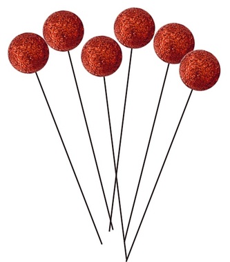 Piros csillámgolyók dróton, 12 db, átmérő 1,5 cm
