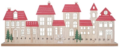 Adventi naptár házikók csúsztatható hópehellyel, állványon 45 x 17,5 cm