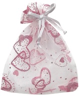 Fehér organza táska szívekkel 9x12 cm