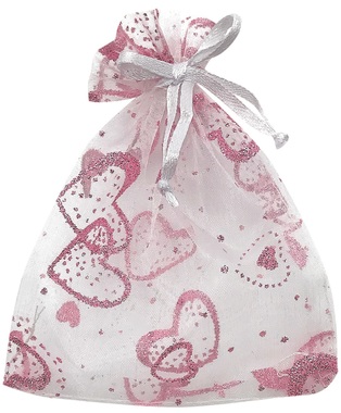 White Organza Bag with pink hearts 15x22 cm