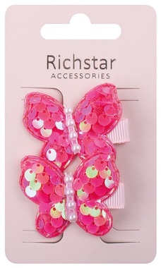 Hair Clips – Butterflies with Sequins, Dark Pink, 6.5 × 3.5 × 0.5 cm, 2 pcs