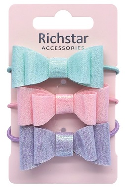 Hair elastics with bow and glitter, 3 pcs
