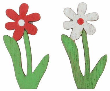 Fa virágok, fehér és piros, 2 x 3,5 x 0,3 cm ragasztóval, 24 db dobozban
