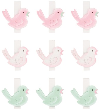 Wooden Bird 3 x 3 x 0,3 cm on Clip 9 pcs