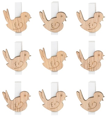 Wooden Bird 3 x 3 x 0,3 cm on Clip 9 pcs
