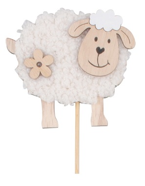 Wooden Sheep with Fur 8,5 x 8 x 1 cm + Stick 