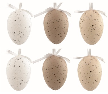 Húsvéti tojások műanyag, pettyes, világosbarna, 6 cm, felakasztásra, 6 db zacskóban